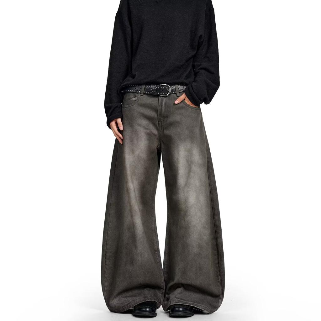 American vintage washed old jeans men's trendy brand loose straight cleanfit high street ruffian handsome wide-leg trousers