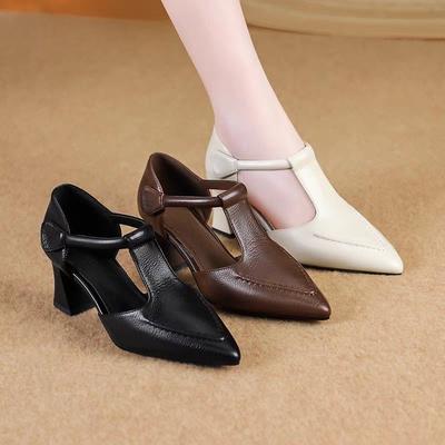 Hollow High-heeled Single Shoes Autumn New Pointed Toe Shallow Mouth One Belt Non-slip Wear-resistant Block Heel Shoes