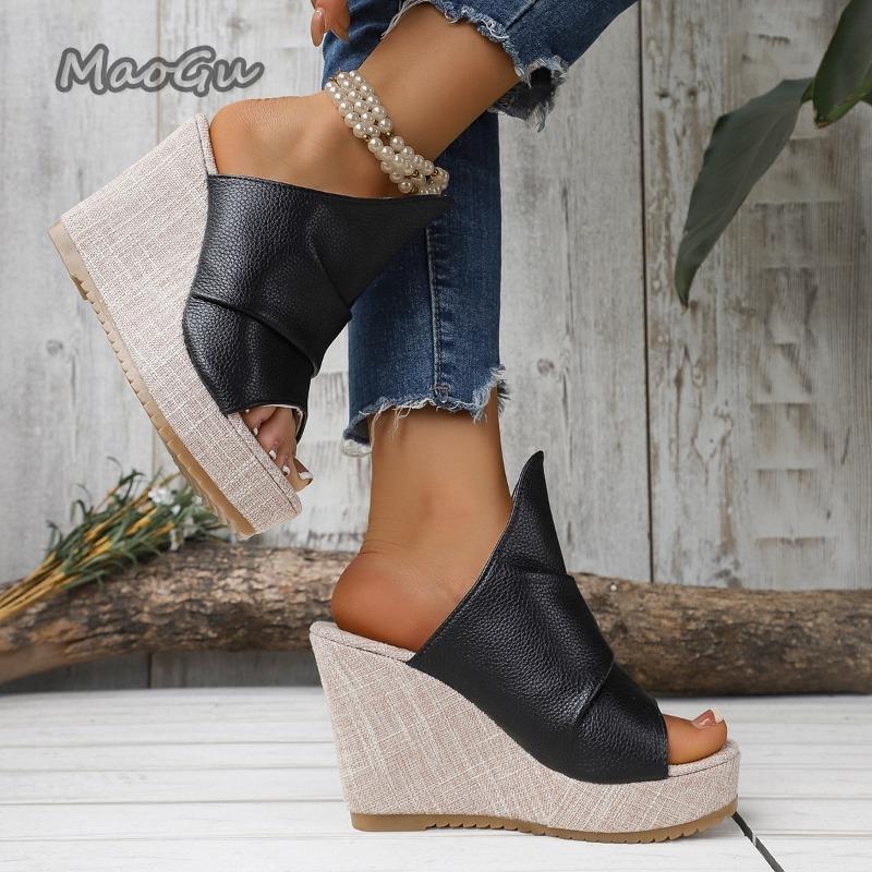 Sommer Damen Keilsandalen Schwarzes Leder Slip-on High Heel Pantoletten 10CM Absatz Plateausandalen Rutschfest Fischmaul Pantoletten Schuhe