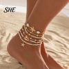 Bohemian Anklet Beach for Women, Starfish Shell Fish Tail Pendant Boho Jewelry Bracelet, Layered Faux Pearl Foot Chain Summer Vacation Charm