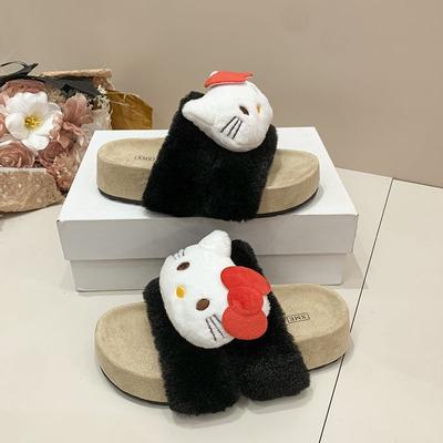 Going Out Thick-soled Fluffy Cotton Slippers Cute Cartoon Warm Fluffy Slippers Women's Outer Wear Season