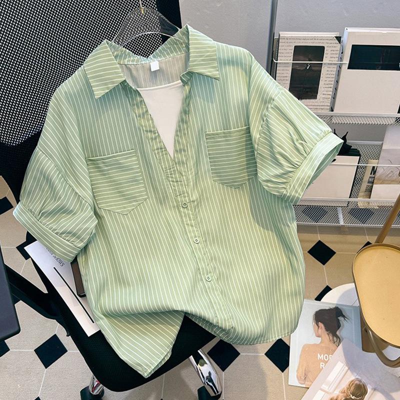 

Поддельная двухпредметная полосатая футболка с коротким рукавом, летняя футболка нового дизайна, нишевый лацкан, топ из чистого хлопка XXL