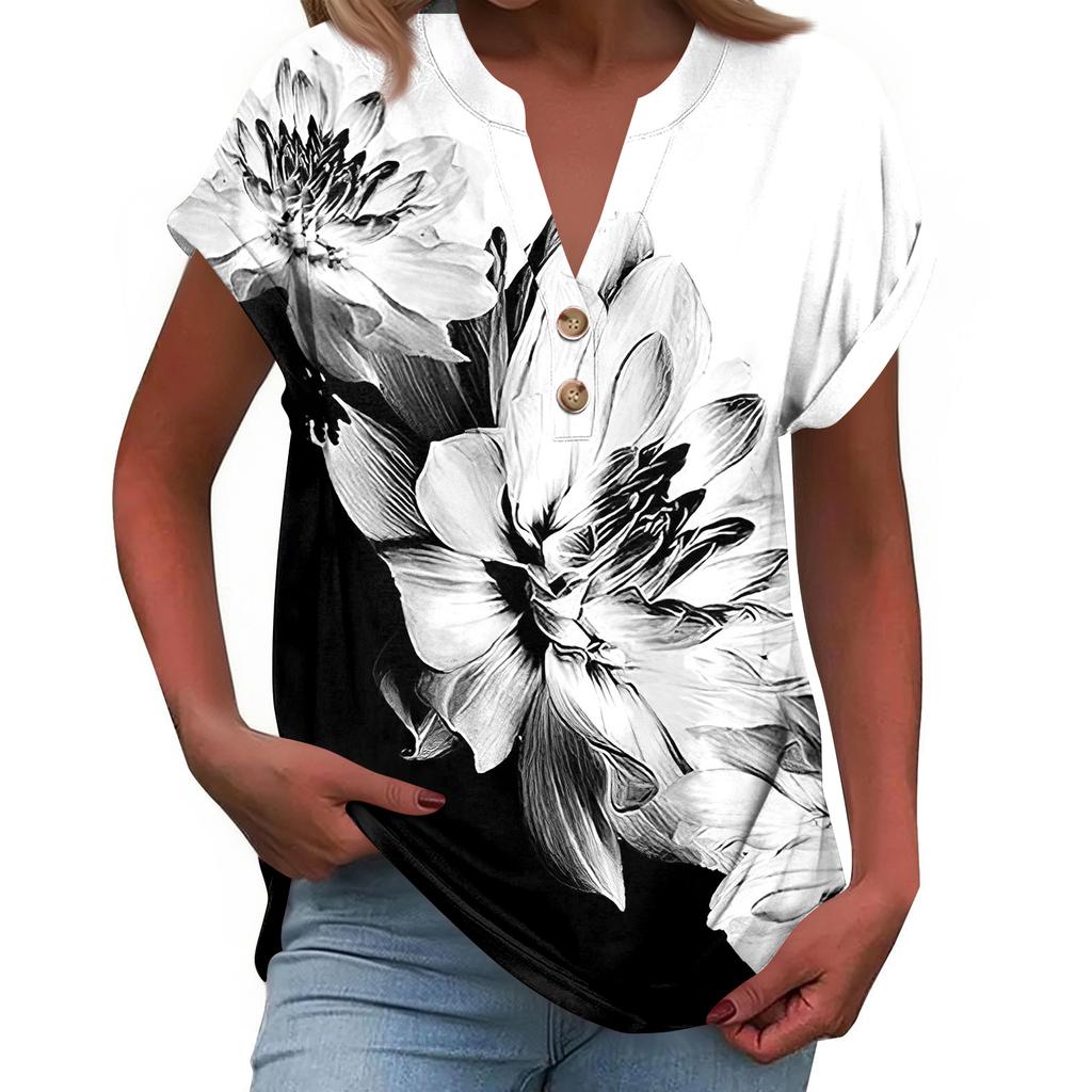 Women's Fashionable Casual Loose-Fit Short-Sleeved Button-Up V-Neck Printed T-Shirt Top