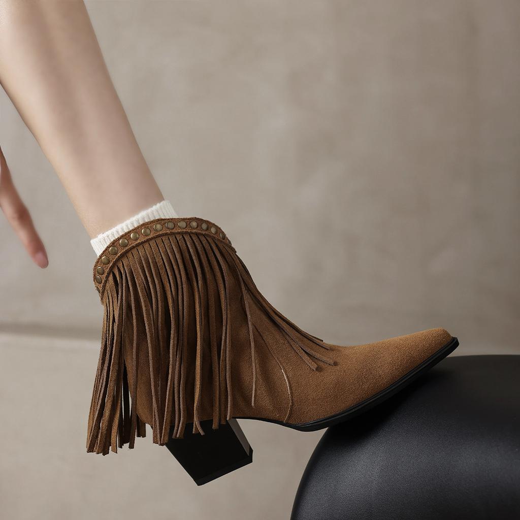 Fashion 2024 New Autumn Winter Cow Suede Women Boots Fashion Tassels Western Boots for Women Pointed Toe Chunky Heel Ladies Shoes