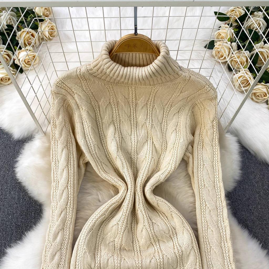 Gray Fashion Turtleneck Sweater Dress For Women New Autumn Winter Chic Long Sleeves A-Line Pullover Loose Knitted Dresses