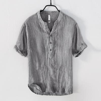 Summer Men's Linen Short-sleeved T-shirt Men's Casual Stand-up Collar Pullover Shirt V-neck Top Retro Large Size Retro Thin Cotton and Linen Top
