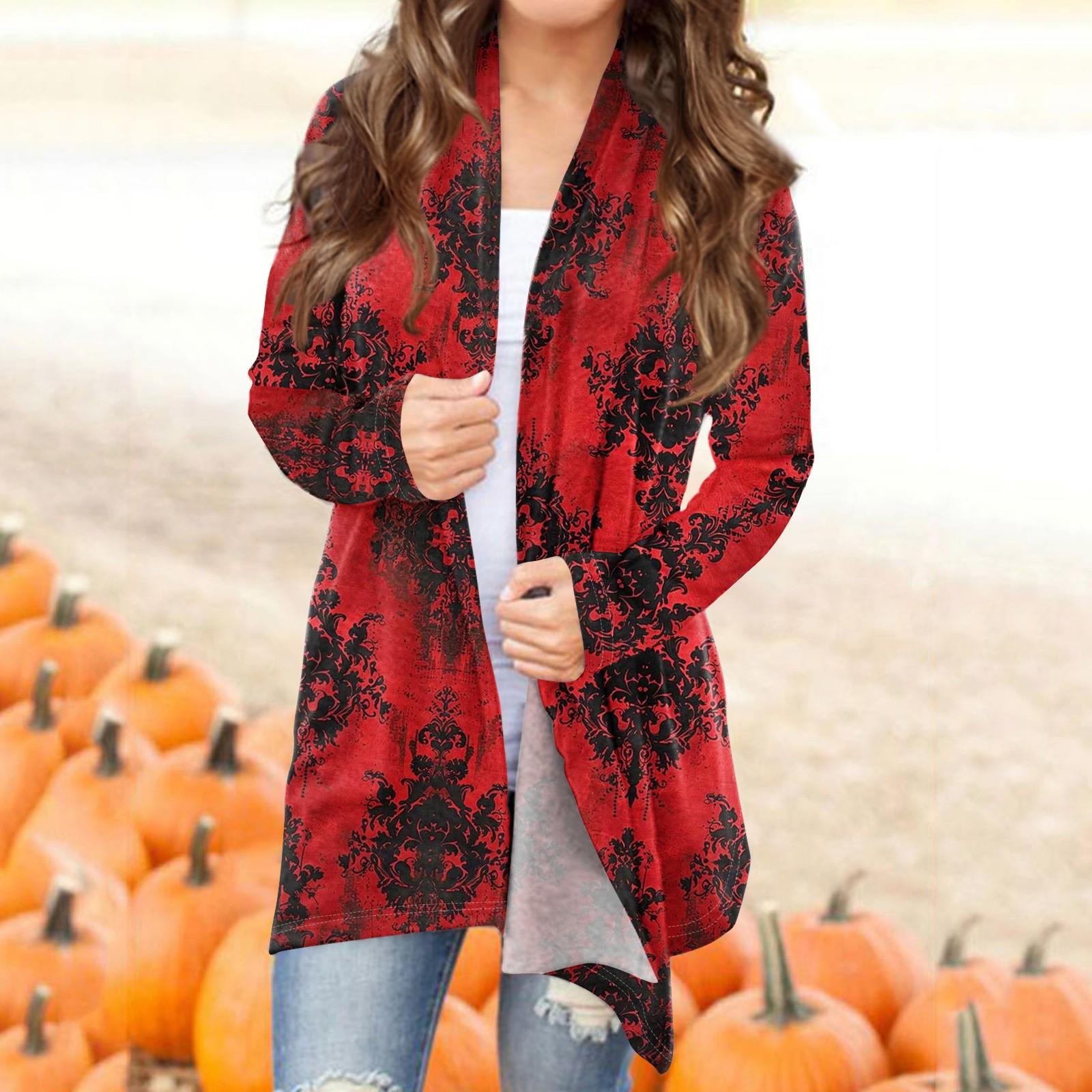 

Женский модный повседневный кардиган средней длины с принтом на Хэллоуин, куртка, пальто L красный