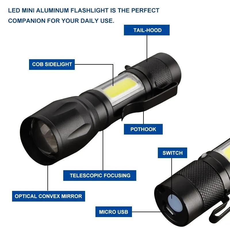 Mini Torch LED Şarj Edilebilir El Feneri Taşınabilir USB Şarj El Feneri Yüksek Güç Bankası Kamp Su Geçirmez Uzun Menzilli Fener