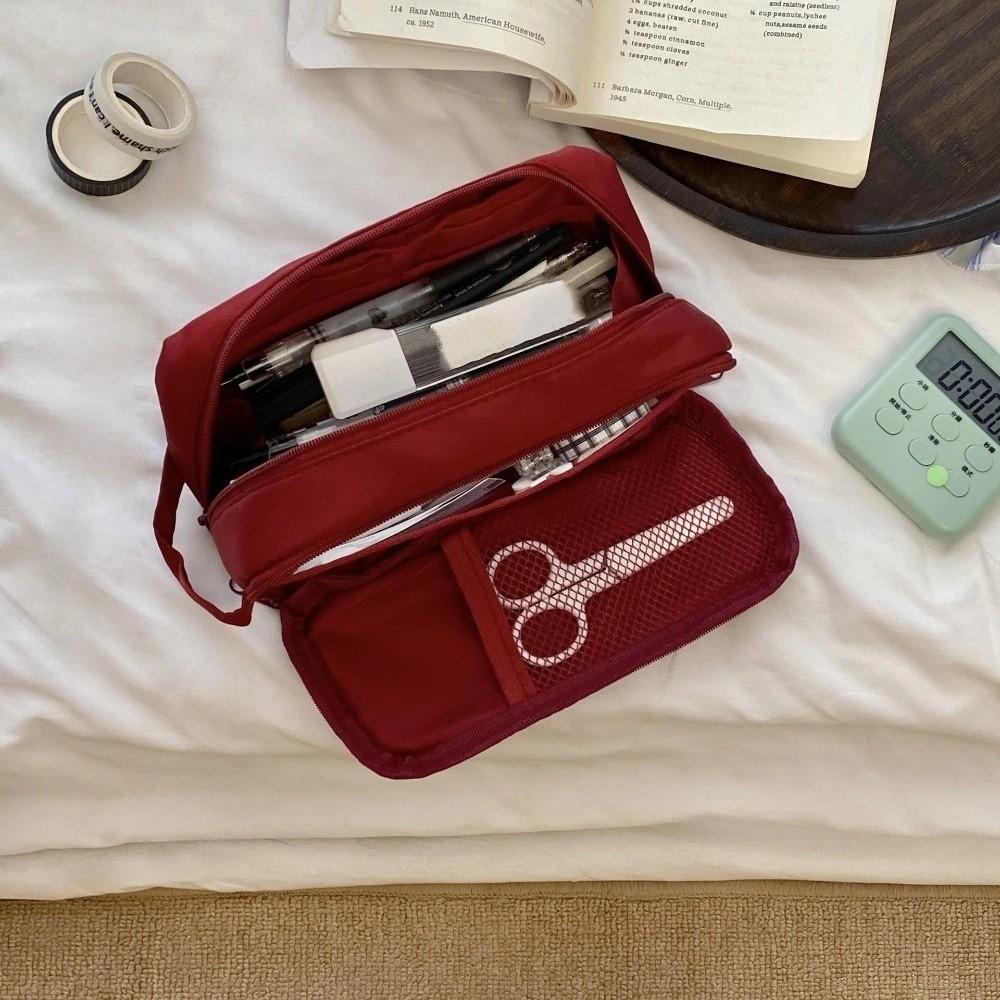 Wine Red Korean Stationery Bag Black Solid Color Pencil Pouch Multilayer Pencil Case Unisex