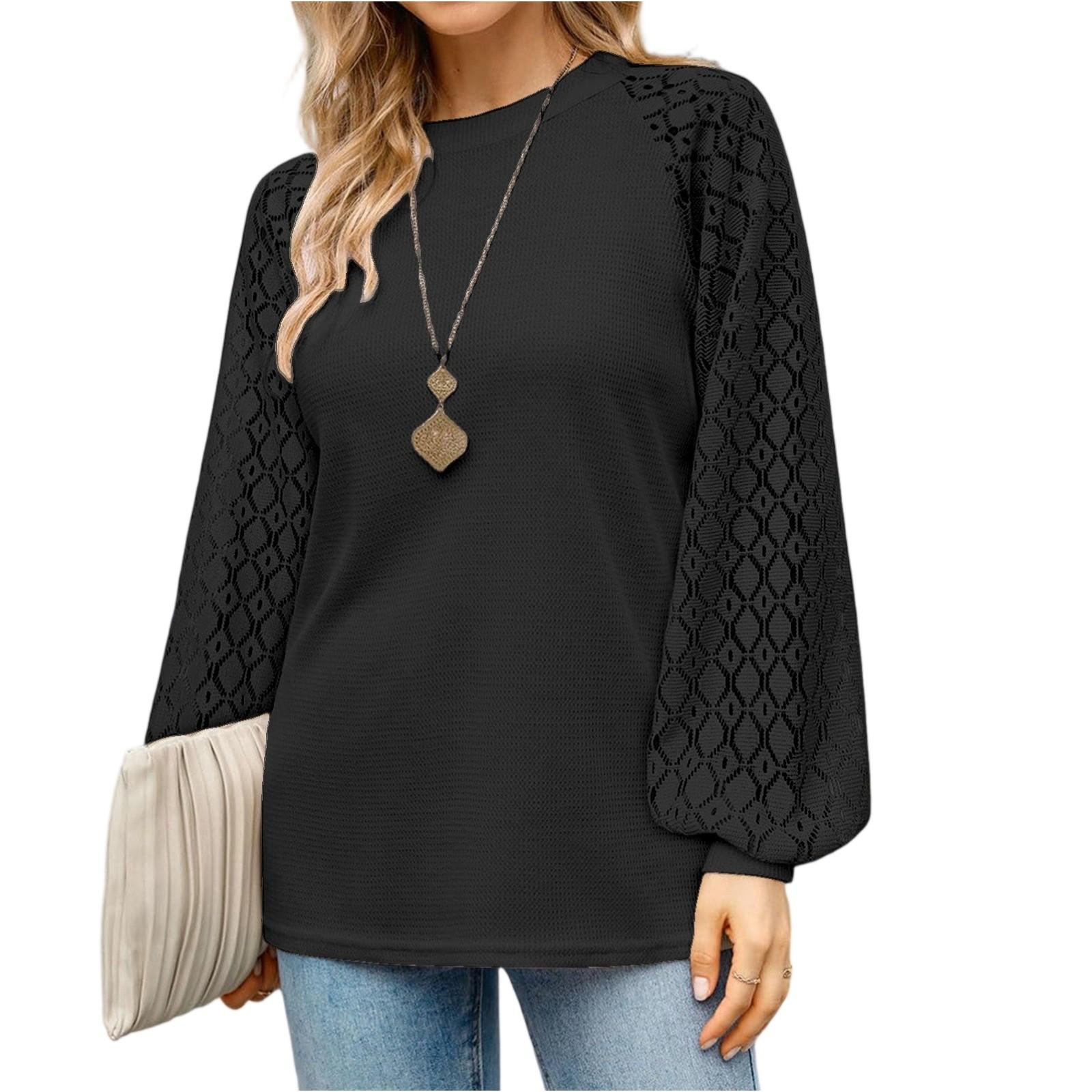 

Women s Fashionable Round-neck Long-sleeved Solid-color Pullover Casual Top L чорний