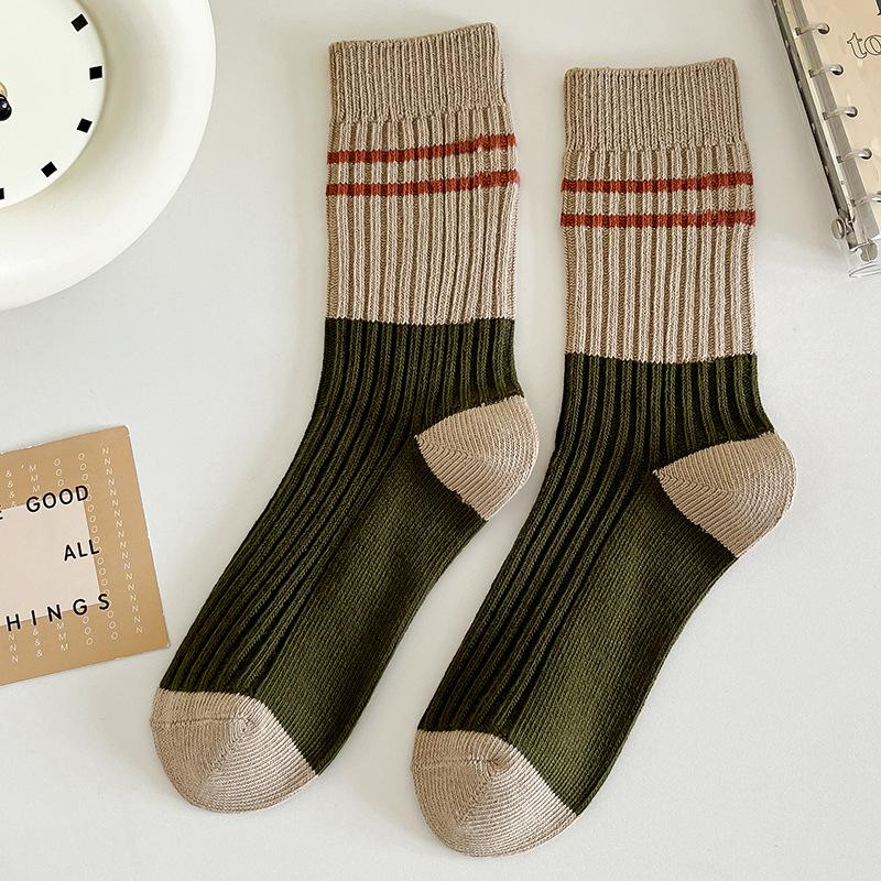 Female Spring and Autumn Tide All Match Stripe Match Color In Tube Cotton Socks