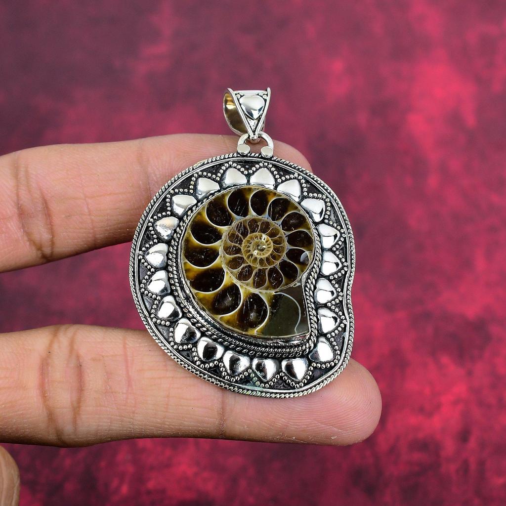 Ammonit Fossil 925 Sterling Silber Anhänger, handgefertigter Edelstein Schmuck Anhänger zum Gedenktag
