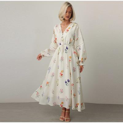 Printed Long-sleeved Long Skirt Spring New Casual Style Single-breasted Waist Long Skirt Ladies Long Skirt Vacation Style