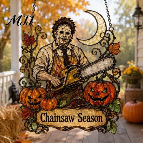 Gothic Porch Hanging Signs Halloween 2D Horror Window Decor, Acrylic Glowing Suncatcher with Outdoor Waterproof Party Supplies Ghost Tree Pumpkin,