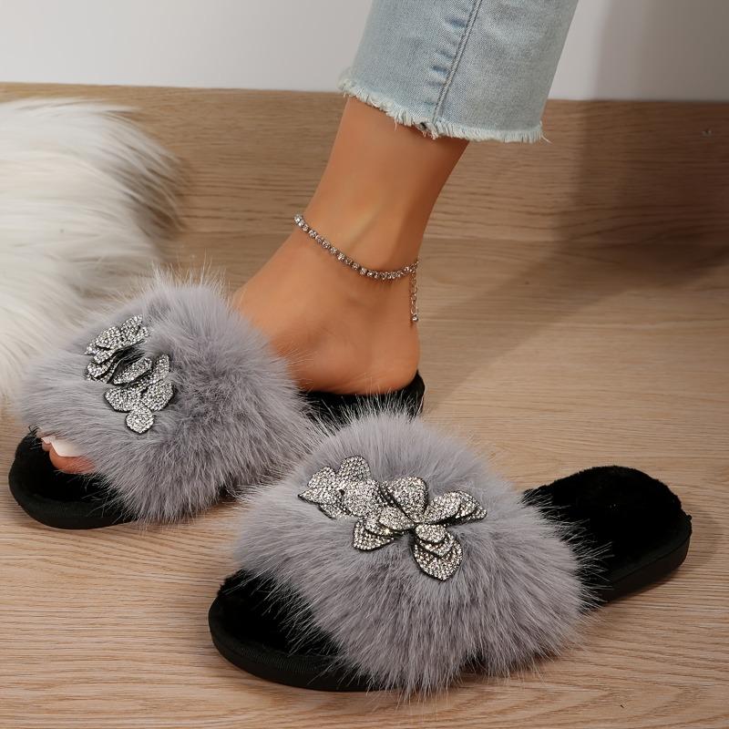 Women'S Sexy Solid Color Slip-On Slippers with Glittery Bow Detail - Soft Fabric Upper & TPR Sole, Indoor/Outdoor Winter Comfort for Home