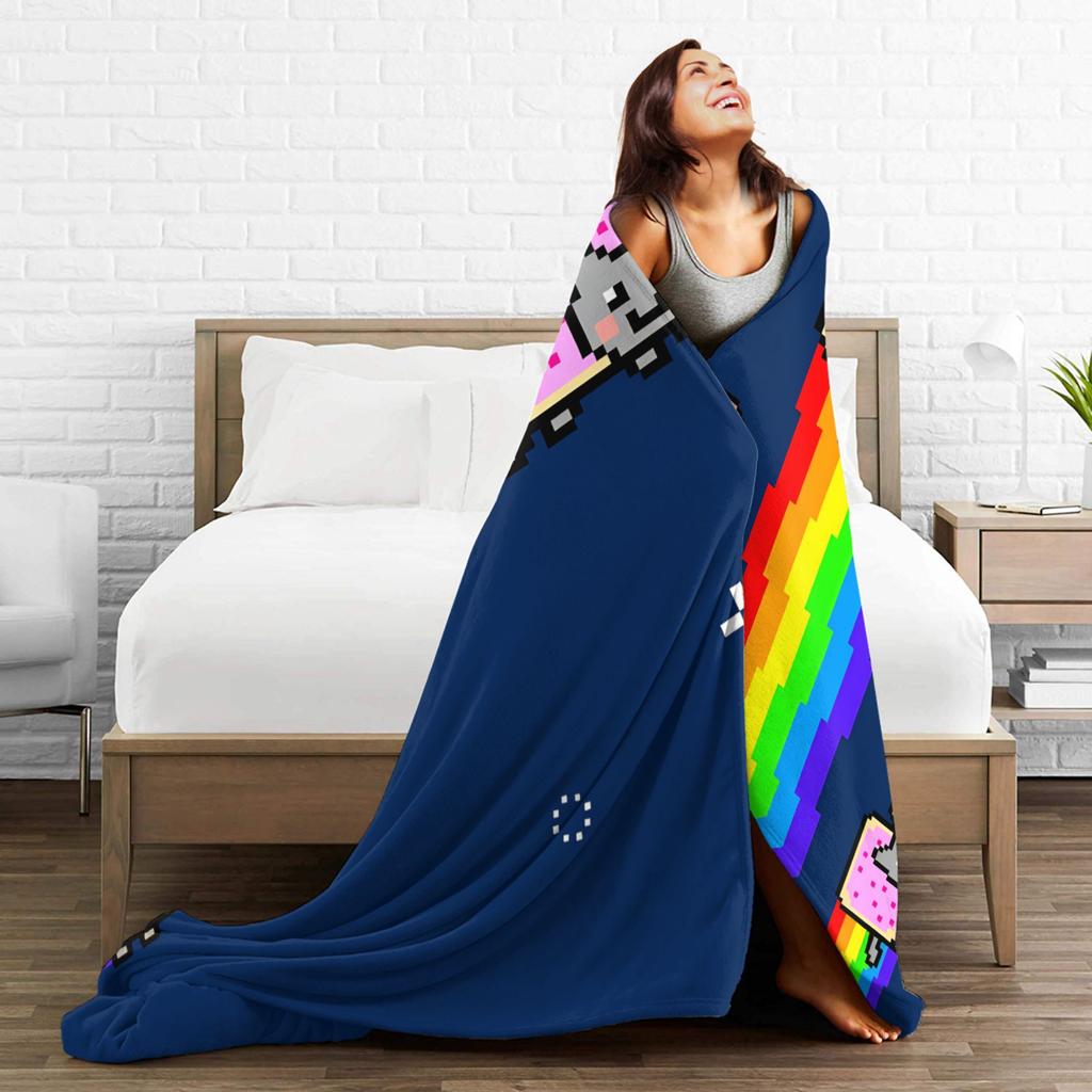 Cat Rainbow Pixel Space Nyans Blanket Quality Warm Soft Throw Blanket Winter Children Couch Chair Graphic Bedspread