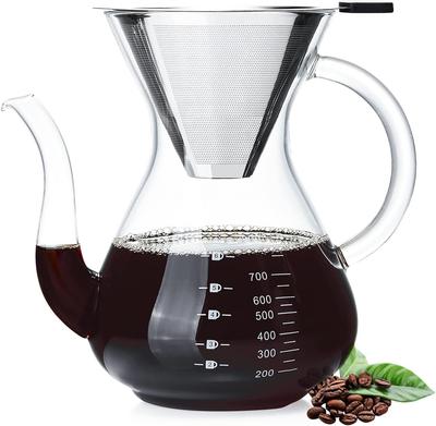 Pokaro Tee-Kaffee-Kanne Hitzebeständiges Glas Kaffee-Kännchen 1000ml Stilvolle Filterkaffee-Kanne Edelstahl-Netz Doppelstruktur-Filter