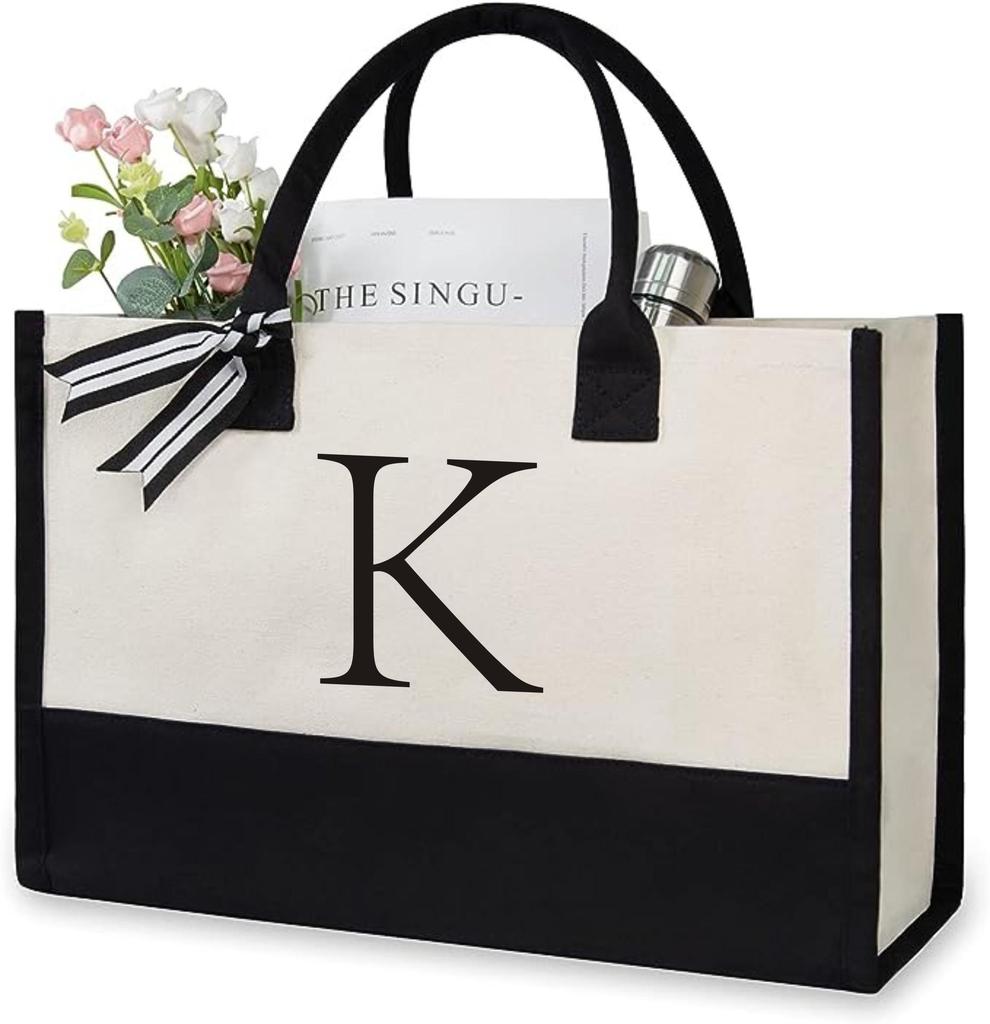 A-Z Letter Canvas Tote Bag Women Large Capacity Shoulder Handbag Contrast Color Thick Fabric Reusable Shopping Bag
