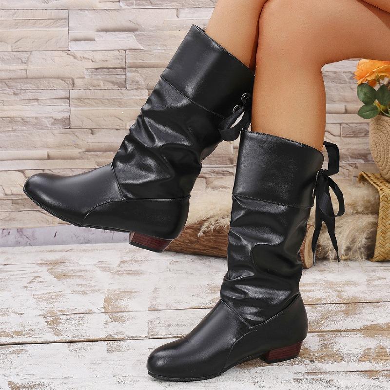 Cross-border New Large-size Lace-up Thin High Boots Women's Autumn and Winter White Student Thick-heeled Leather Knight Boots