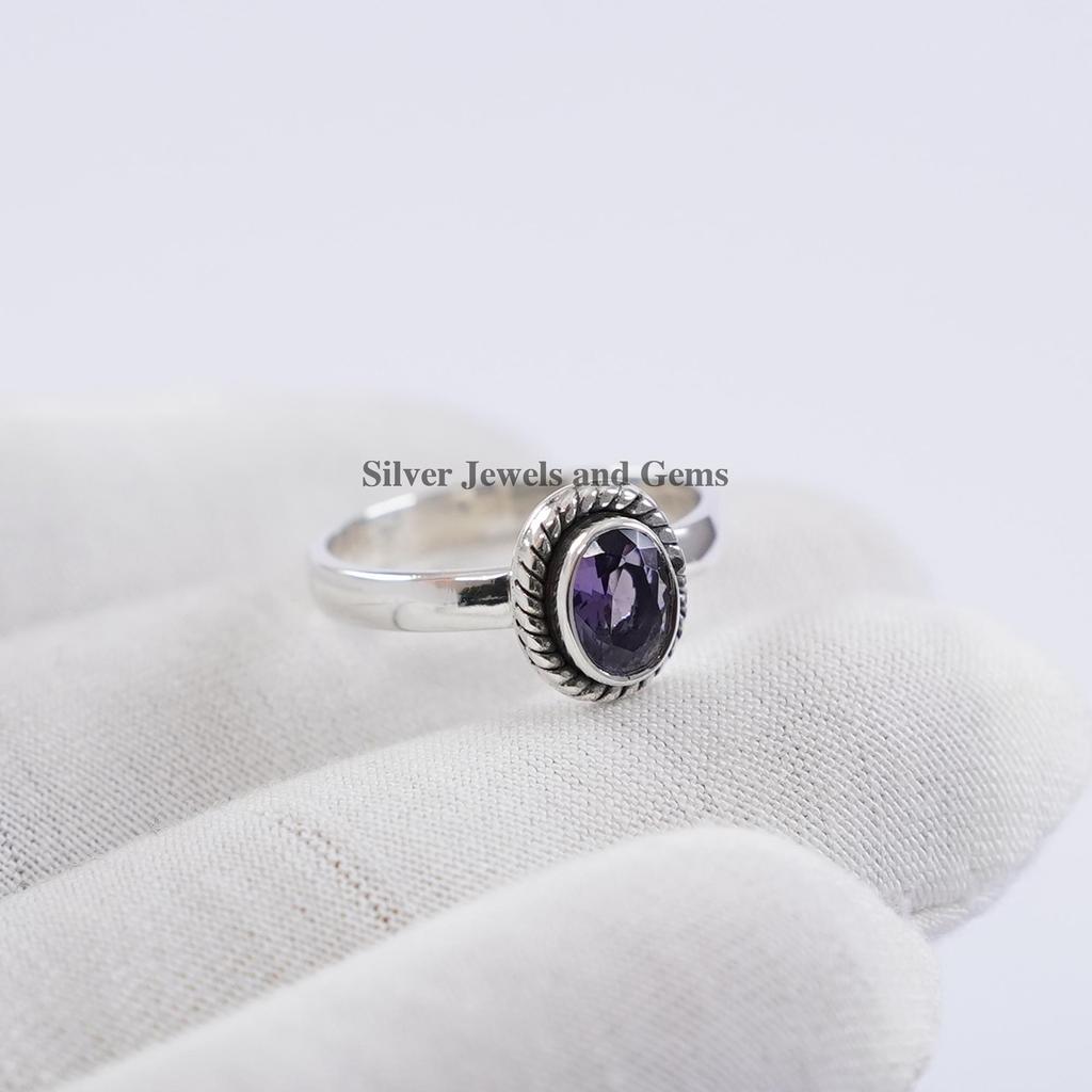 Natural Amethyst Ring, Handmade Minimalist Ring, 925 Sterling Silver Ring, Oval Crystal Ring, Gift for Mom, February Birthstone