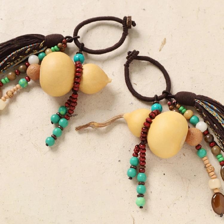 Portable Travel Keychain Designed with Lightweight Woven Gourd and Tassels Detail Handmade Keyring Accessory