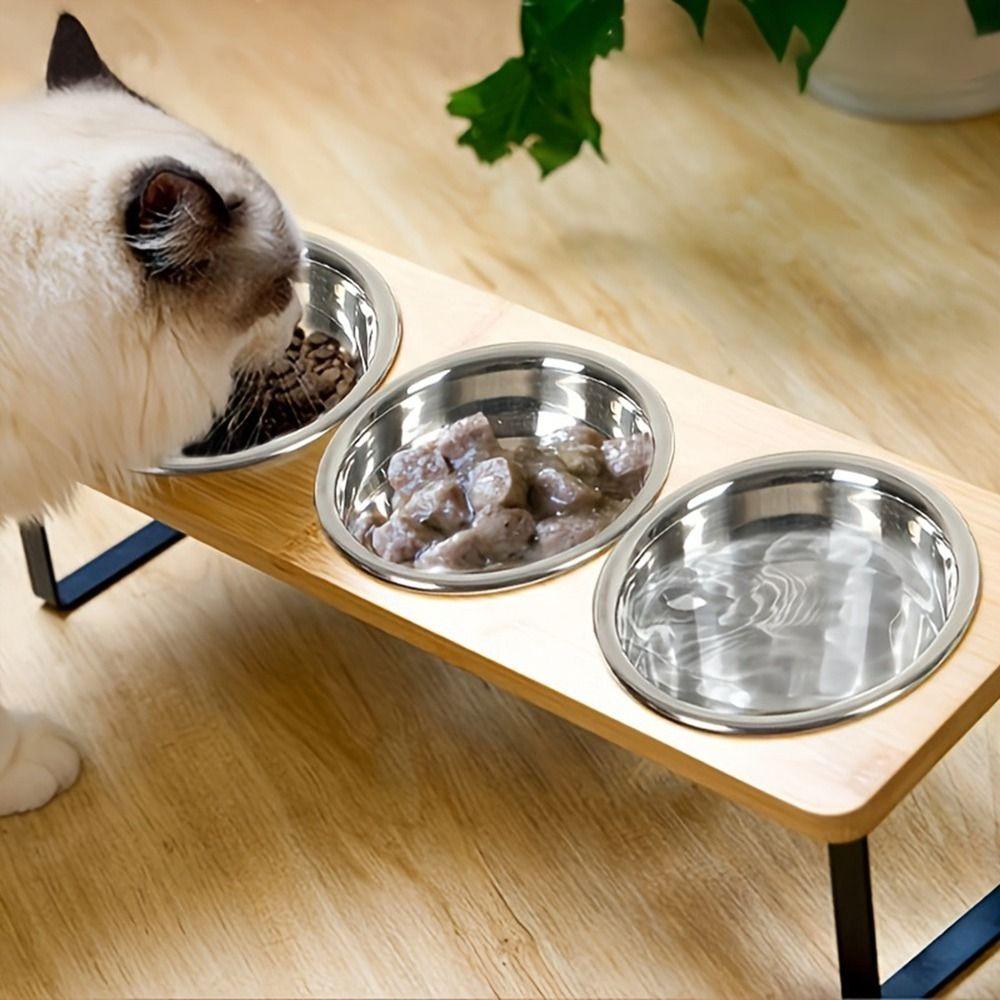 Non Slip Wood Cat Bowl Stand Anti-Vomiting Anti-Leak Elevated Pet Bowls with 3 Bowls Raised Cat Food Feeder Dry/Wet Food