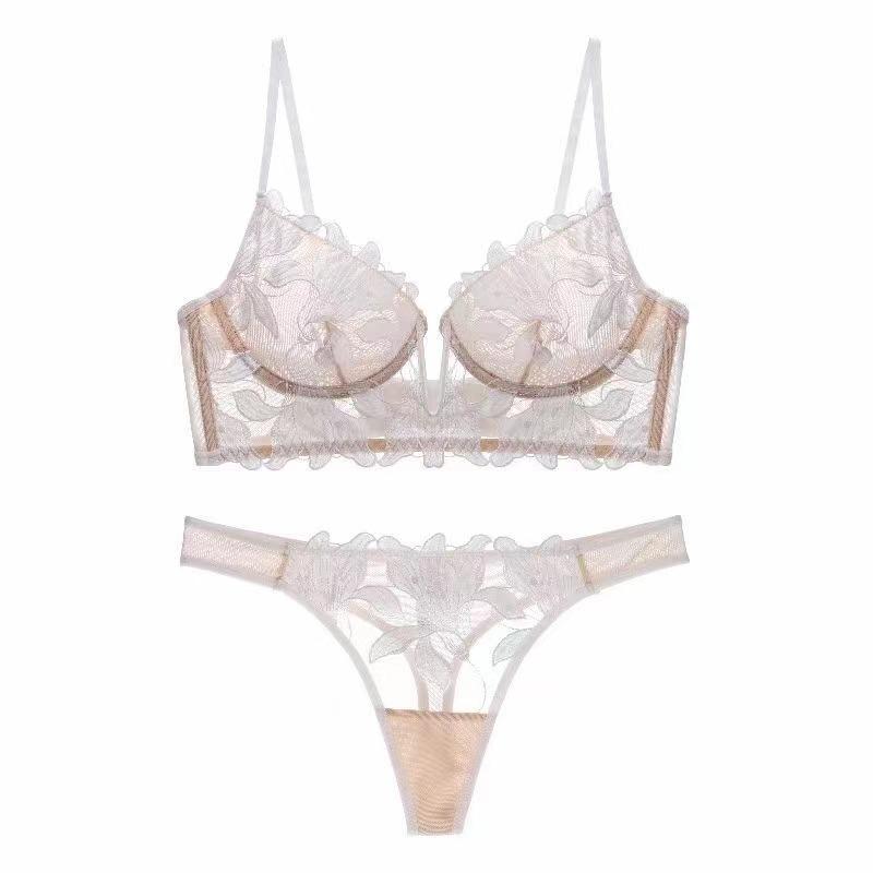 French Lace Flowers Embroidery Bra Set Sexy Deep V Push Up Bras Women Ultra Thin Underwear With Thongs Set Breathable Lingerie