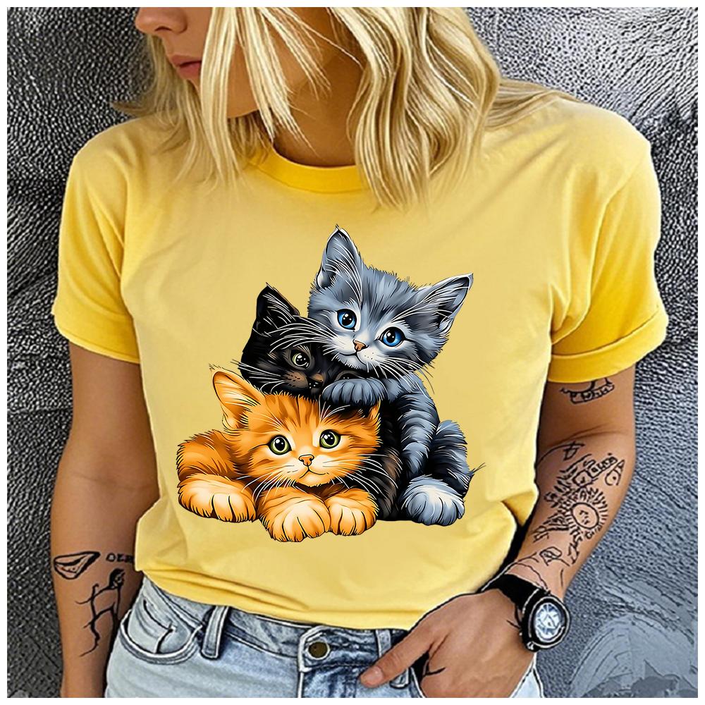 Women's Cute Three Cats Print T-shirt Loose Round Neck Casual Short Sleeve Fashion Top Wholesale Clothing Summer