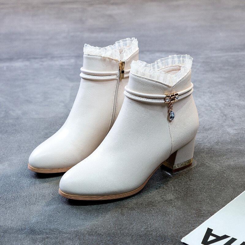 

Модные Осенне-Зимние Элегантные Женские Короткие Ботинки на Среднем Каблуке Кожаные Водонепроницаемые с Круглым Носком Женские Ботильоны Распродажа Новинка в Ботильонах 40