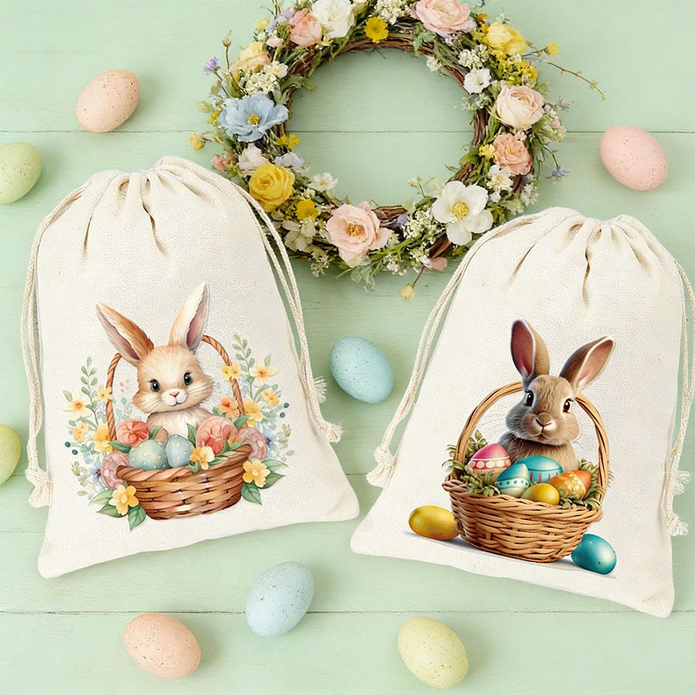 Easter Bunny Drawstring Cotton Bags Reusable Rabbit & Egg Print Gift Bags for Easter Party Egg Hunt Candy Storage Eco-Friendly