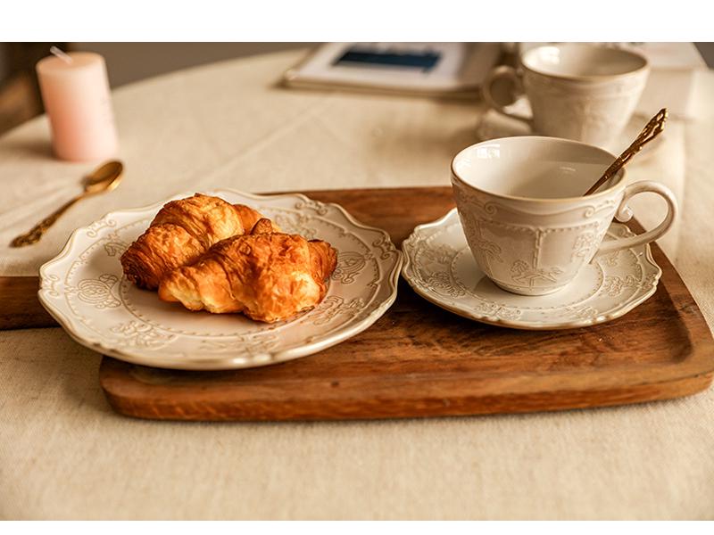 French Retro Embossed Ceramic Coffee Cup & Saucer Set for Afternoon Tea or Latte Art