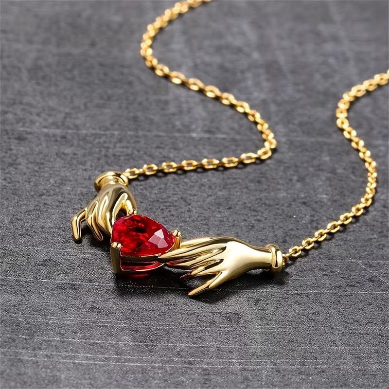 Creative God Hands Red Rhinestone Love Heart Charms Pendant Necklace for Women New Trendy Accessories Party Jewelry Gift