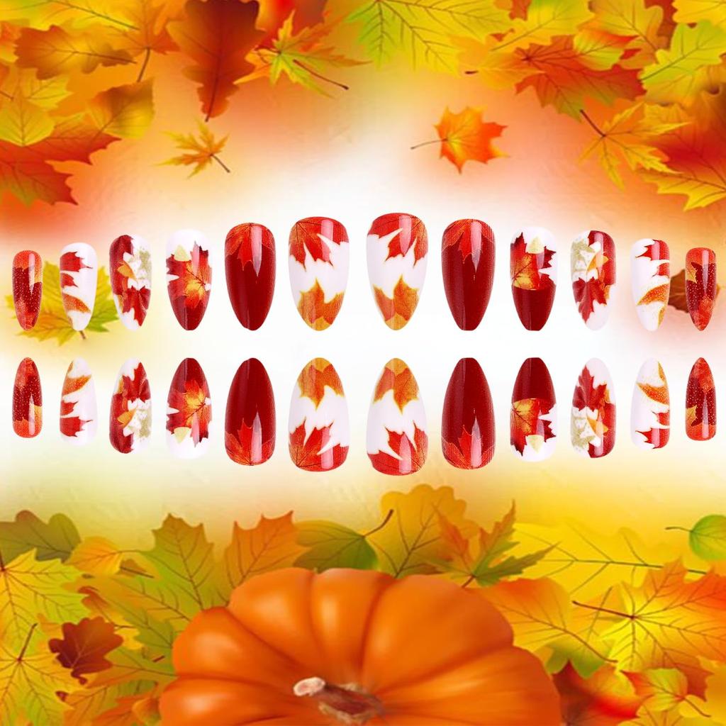Fall Maple Leaf False Nail Thanksgiving Press On Nails Almond Shaped Medium Autumn Acrylic Artificial Fingernails Full Cover Glossy Thanksgiving