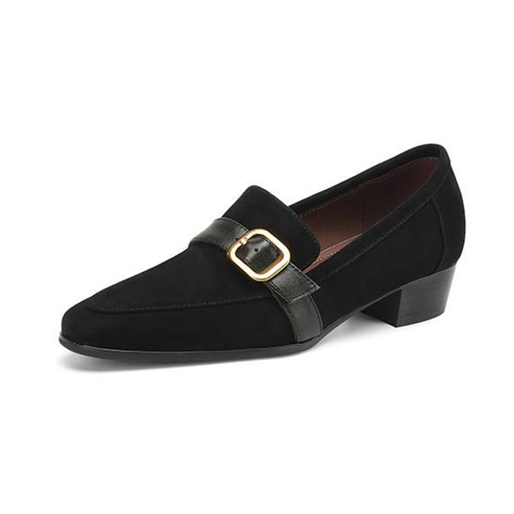 Krazing Pot Sheep Suede Autumn Winter Shoes Metal Buckle Loafers Med Heels Slip on Size 42 Round Toe Slip on Deep Mouth Pumps
