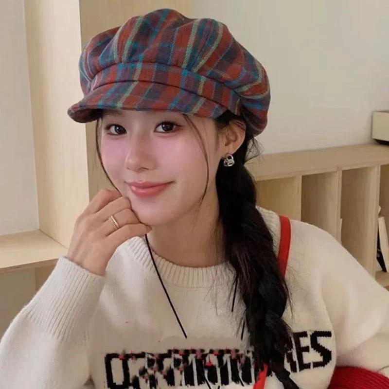 Vintage Plaid Newsboy Cap - 8-Panel British Baker Boy Hat for Women, Slimming Face Retro Flat Cap