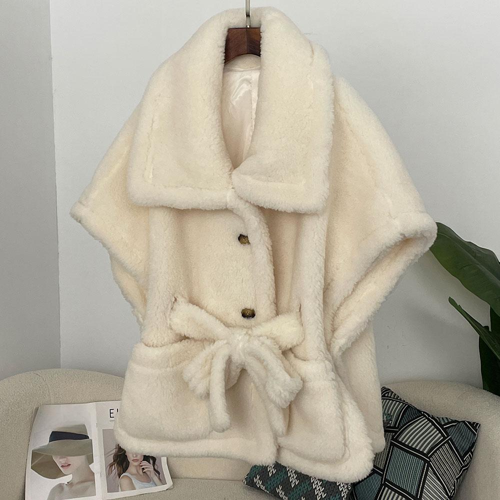 OFTBUY Winter Women Vest Jacket Real Lamb Cashmere Wool Fur with Belt Coat Turn-down Jacket Warm Plush Thick Pocket Elegant Casual