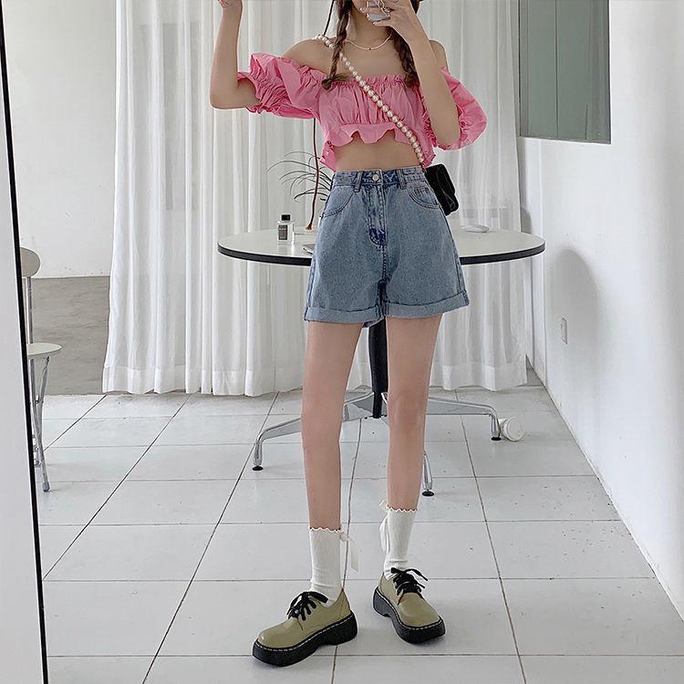 Dam Högmidjade Denimshorts med Vida Ben i Koreansk Stil - Sommartrend 2021