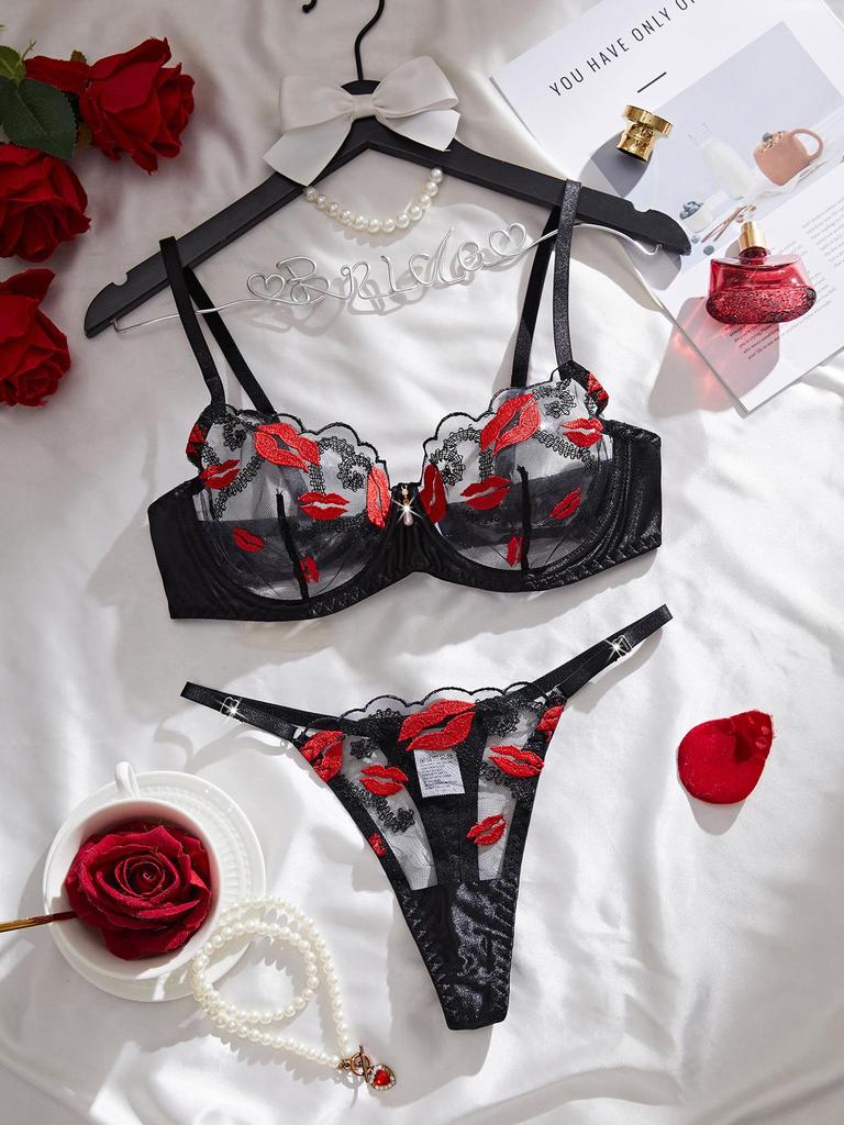 European & American Sexy Lingerie Set: Hot Red Lip Embroidered Mesh Satin Push-Up Bra with See-Through Panties