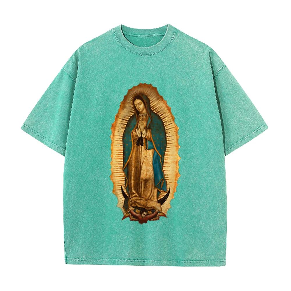 2026 Vintage Washed Black Our Lady Of Guadalupe Graphic T Shirt Retro Religious Portrait Oversized Casual Short Sleeve Tee