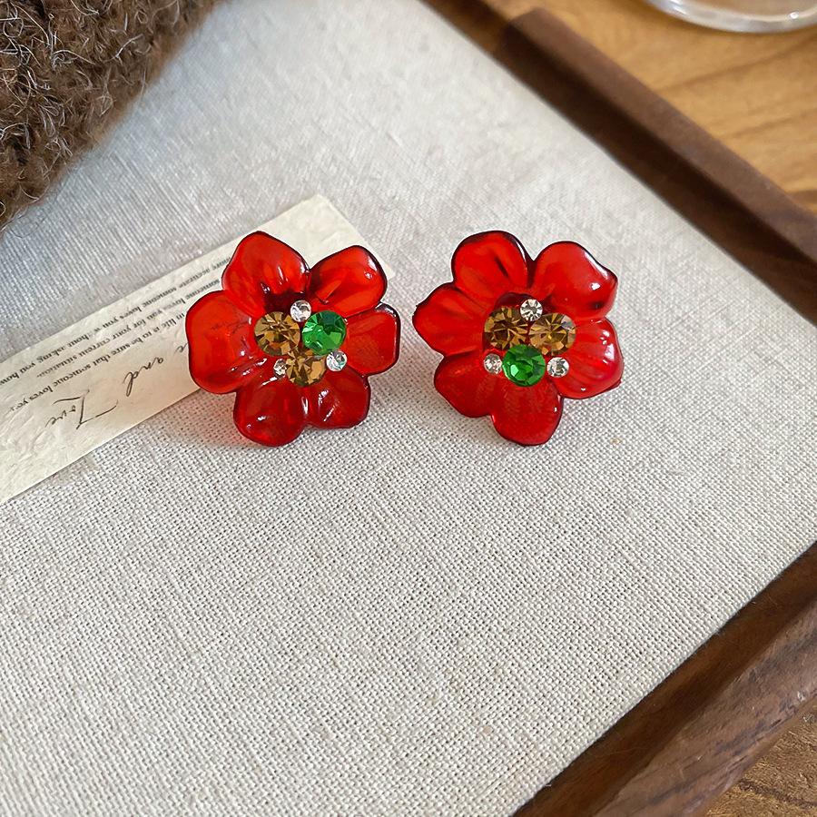 Retro Hong Kong Style Red Flocking Geometric Round Earrings Earrings Fashion Personality Temperament Earrings Women