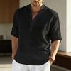 Camicia da uomo con colletto alla coreana, manica lunga arrotolabile, pullover, tinta unita, vestibilità larga, camicia casual, per viaggiare, feste, uso quotidiano