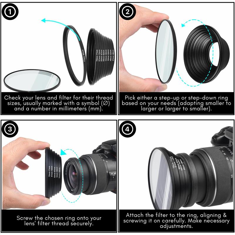 18pcs Camera Lens Filter Step Up & Down Ring Adapter Metal Filter Adapter Ring For All Camera DSLR 37-82 82-37mm Mount Set Kit