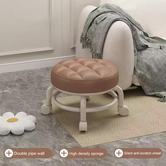 Low Height Rolling Stool with 360 Degrees Wheels Faux Leather Sponge Filled Cushion Modern Home