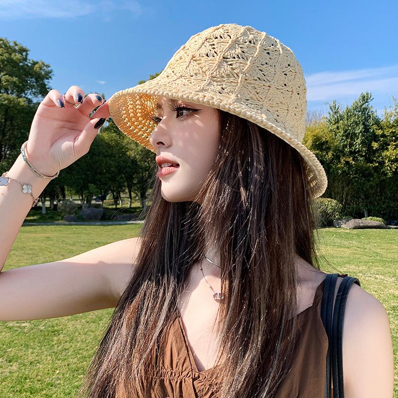 

Solid color hollow knitted bucket hat women s summer breathable wide brim shading straw hat shopping outing outdoor bucket hat