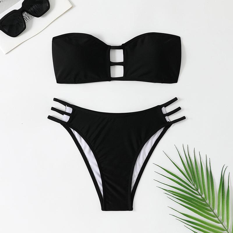 

Сексуальный комплект бикини из 2 предметов без бретелек с вырезами, однотонный женский раздельный купальник, пляжное бикини, новинка летней коллекции купальников, комплект бикини S чёрный