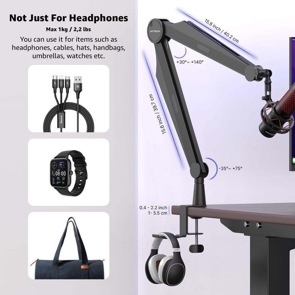 IXTECH Mikrofon-Schwenkarm für Blue Shure Hyperx Rode Fifine Verbesserter Mikrofonständer mit Tablet- und Kopfhörerhalter für Gaming Podcasting und