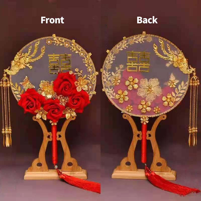 Vintage Chinese Wedding Dress Hanfu Decorative Fans Bridal Round Hand Fans Dragon Phoenix Handmade Gold Red Photography Fan Prop