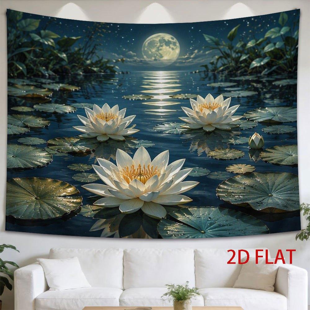 2D Flat - 2D Flat - 1pc 2D Flat Tapestry Moonlit Lotus Pond Serene Scene with Full Moon Reflection