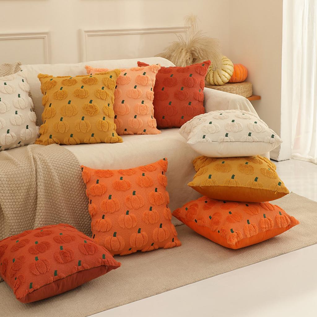 Decorative Square Throw Pillow with Embossed Pumpkin Pattern Soft Textured Fabric Cover and Insert for Seasonal Home Accent Cushion