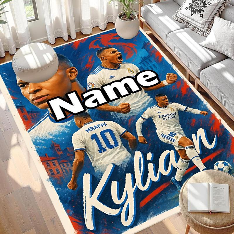 Custom Name Personalized Kylian Mbappe Print Carpet, Versatile Home Decor Rug, for Playroom, Apartment, Balcony, Entryway, Hallway Gift
